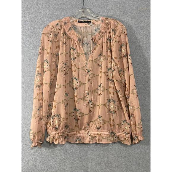 Zara Tops - Zara Women’s Pink floral Ruffle Collared Balloon Sleeve Blouse Top Size M